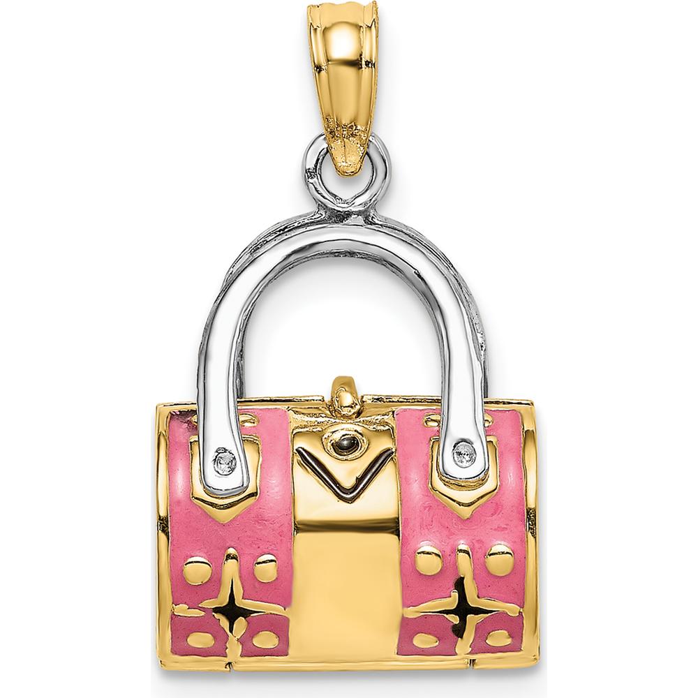 14K Yellow Gold 3D Pink Enamel Handbag Charm with Rhodium Accents by Oro Pregiato