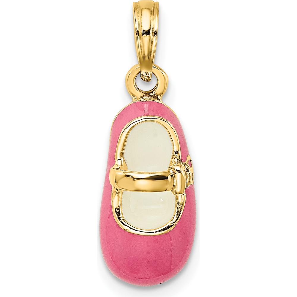 14K Yellow Gold 3D Pink Enameled Baby Shoe Charm - 21.75mm by Oro Pregiato