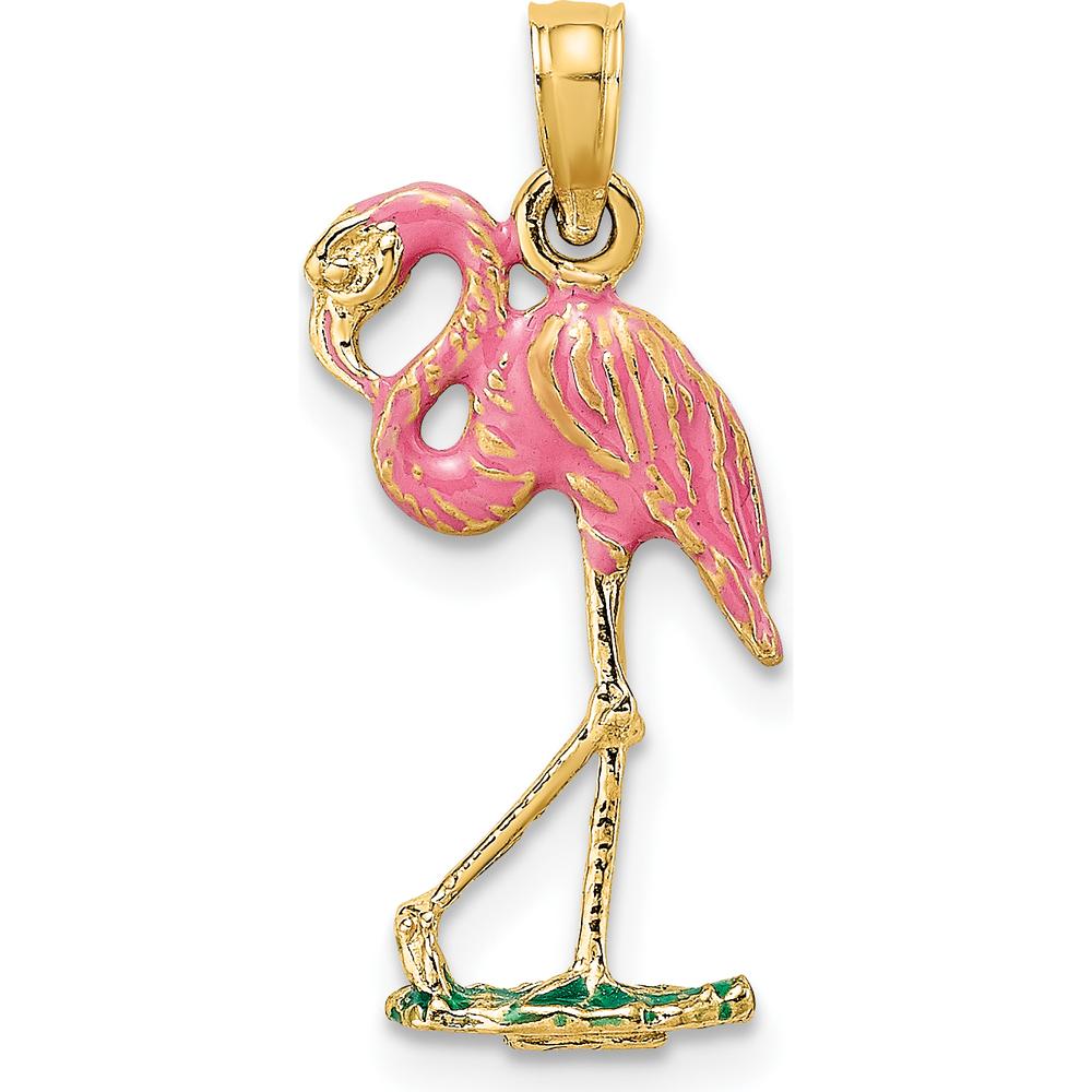 14K Yellow Gold 3D Pink Enameled Flamingo Charm Pendant by Oro Pregiato
