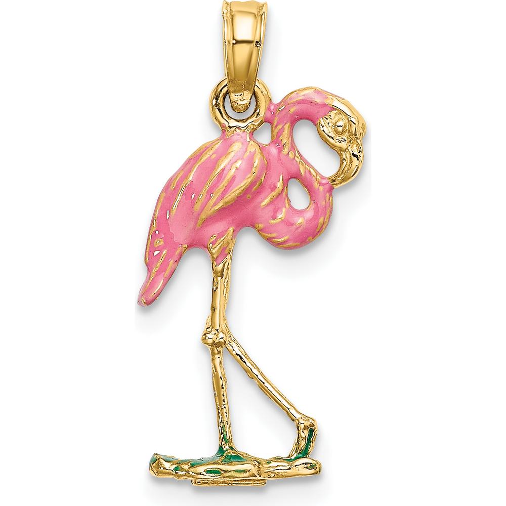 14K Yellow Gold 3D Pink Enameled Flamingo Charm Pendant by Oro Pregiato