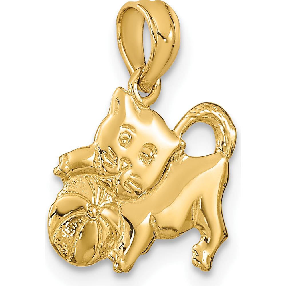 14K Yellow Gold 3D Polished Kitten with Ball Charm - 15.1mm Length, 13mm Width by Oro Pregiato