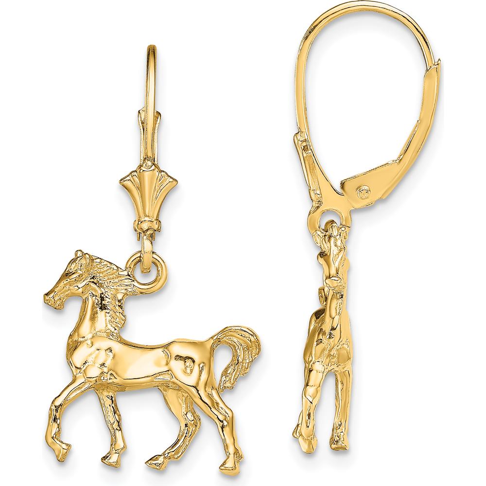 14K Yellow Gold 3D Polished Leverback Horse Drop Earrings by 0