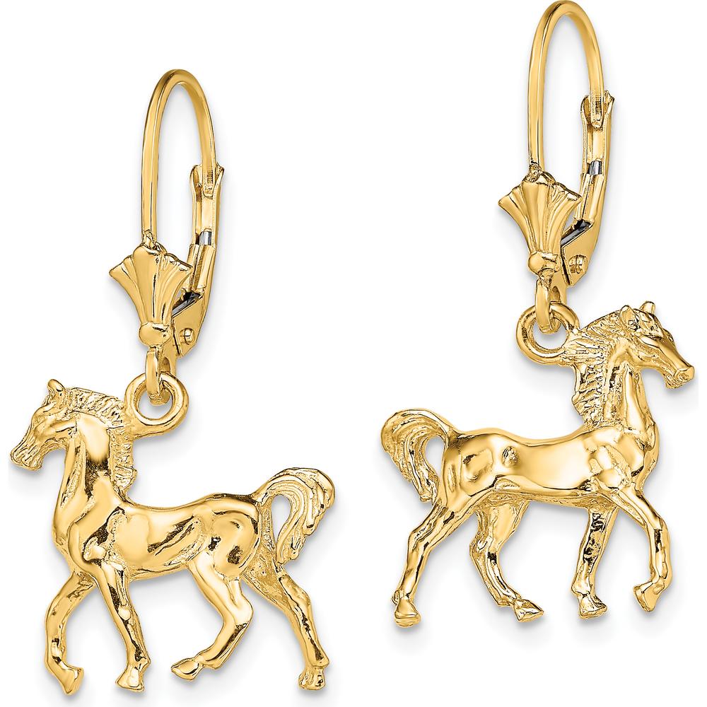 14K Yellow Gold 3D Polished Leverback Horse Drop Earrings by 0