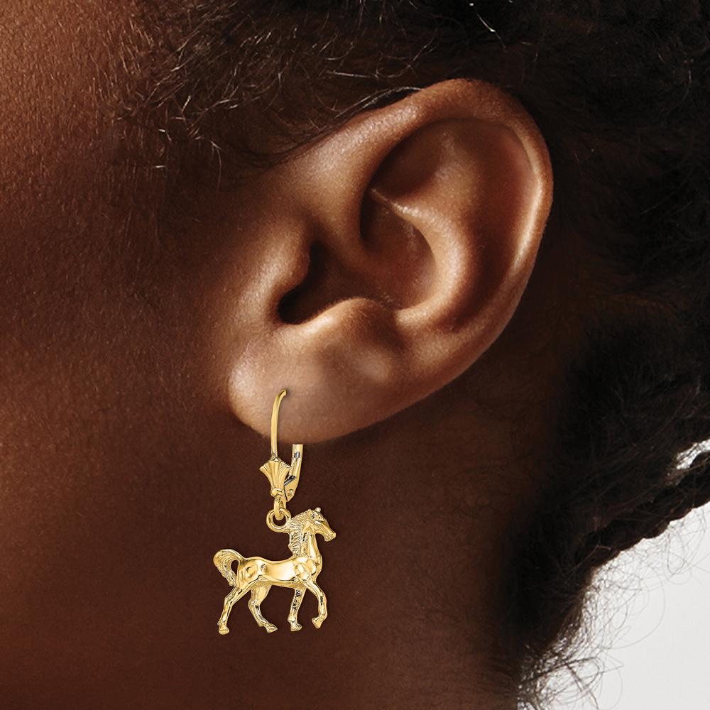 14K Yellow Gold 3D Polished Leverback Horse Drop Earrings by 0