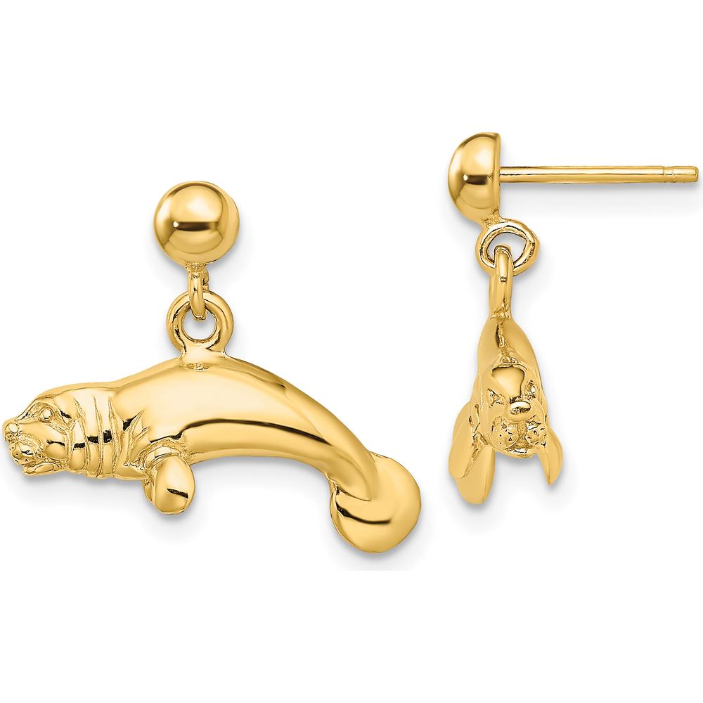 14K Yellow Gold 3D Polished Manatee Dangle Earrings by 0