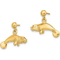 14K Yellow Gold 3D Polished Manatee Dangle Earrings by 0