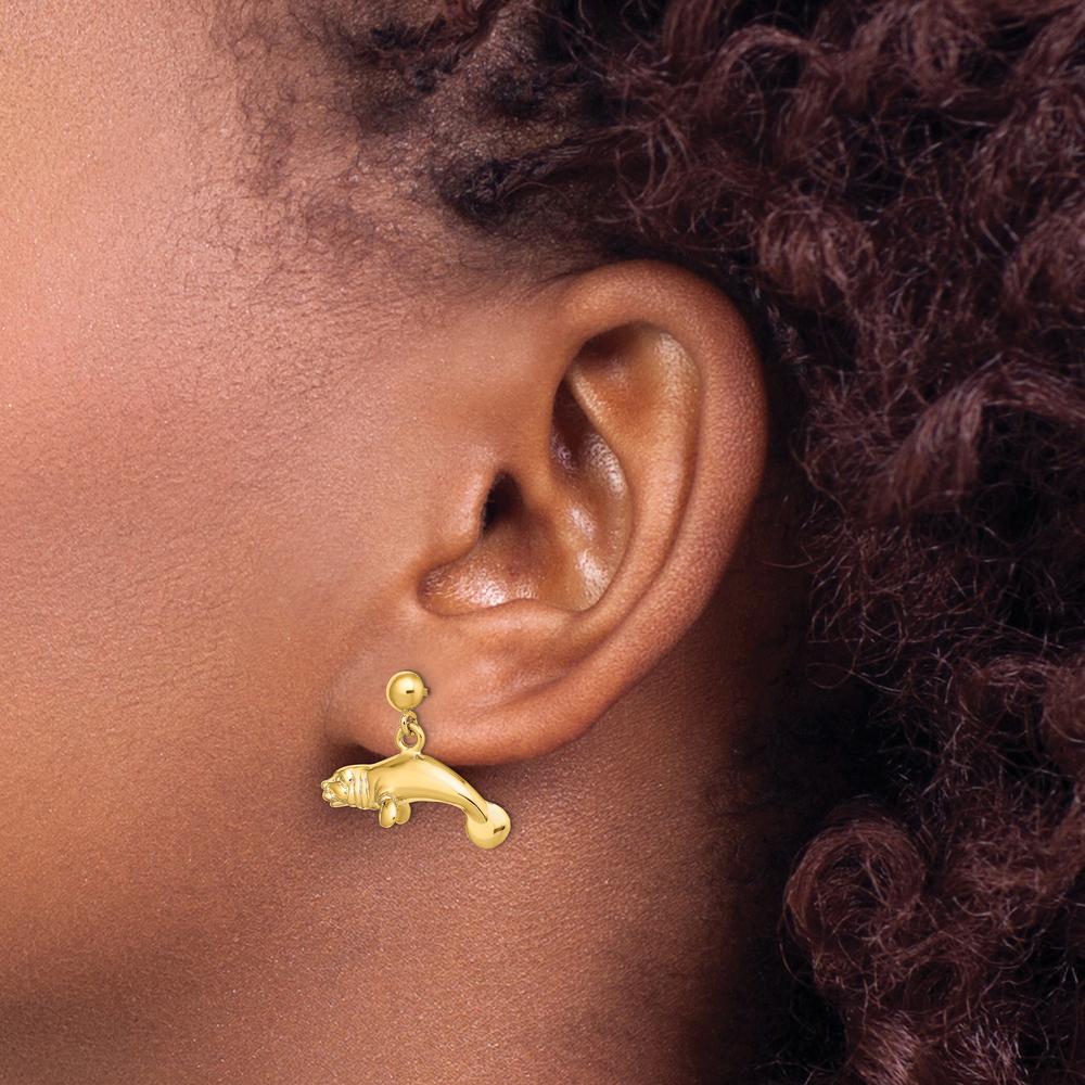 14K Yellow Gold 3D Polished Manatee Dangle Earrings by 0