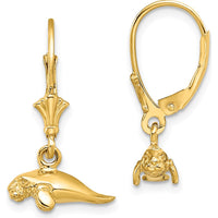 14K Yellow Gold 3D Polished Mini Manatee Leverback Drop Earrings by 0