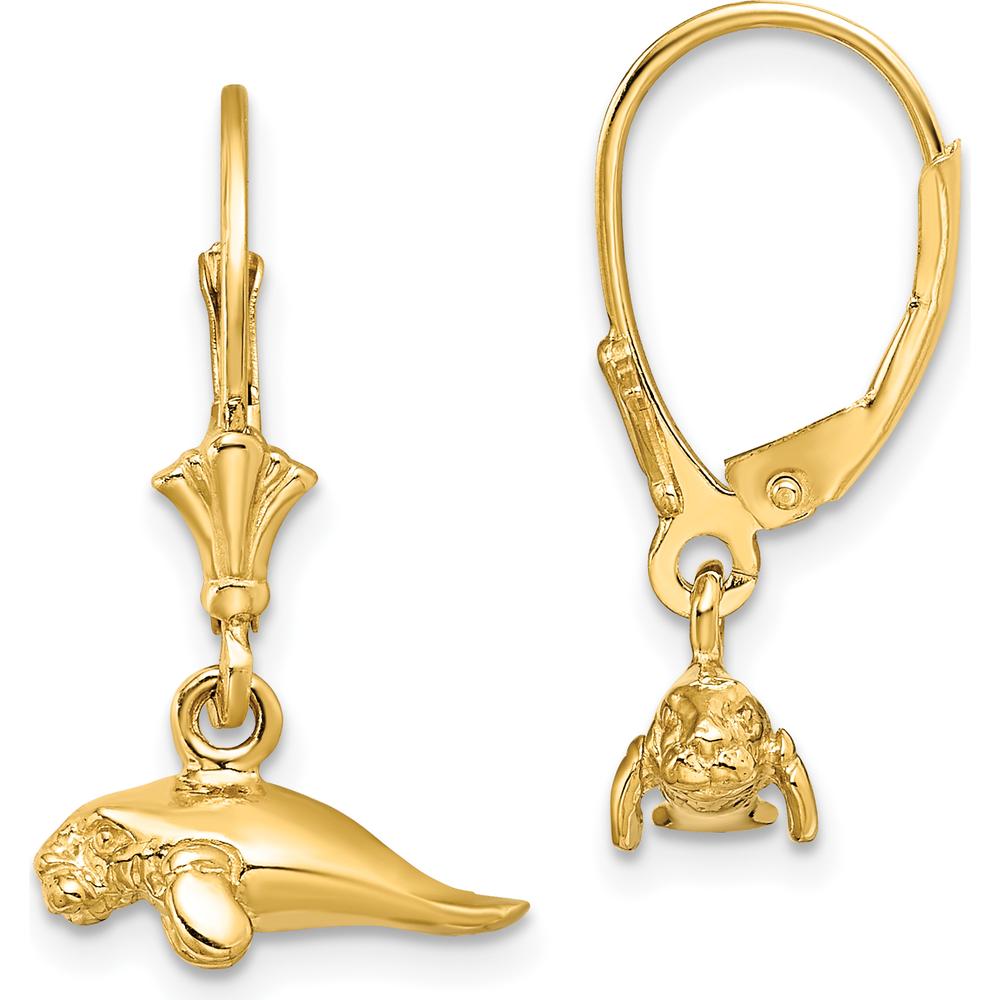 14K Yellow Gold 3D Polished Mini Manatee Leverback Drop Earrings by 0
