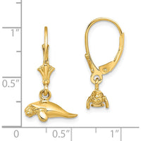14K Yellow Gold 3D Polished Mini Manatee Leverback Drop Earrings by 0
