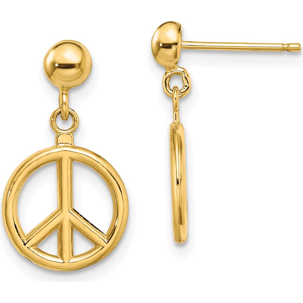 14K Yellow Gold 3D Polished Peace Symbol Dangle Earrings by 0