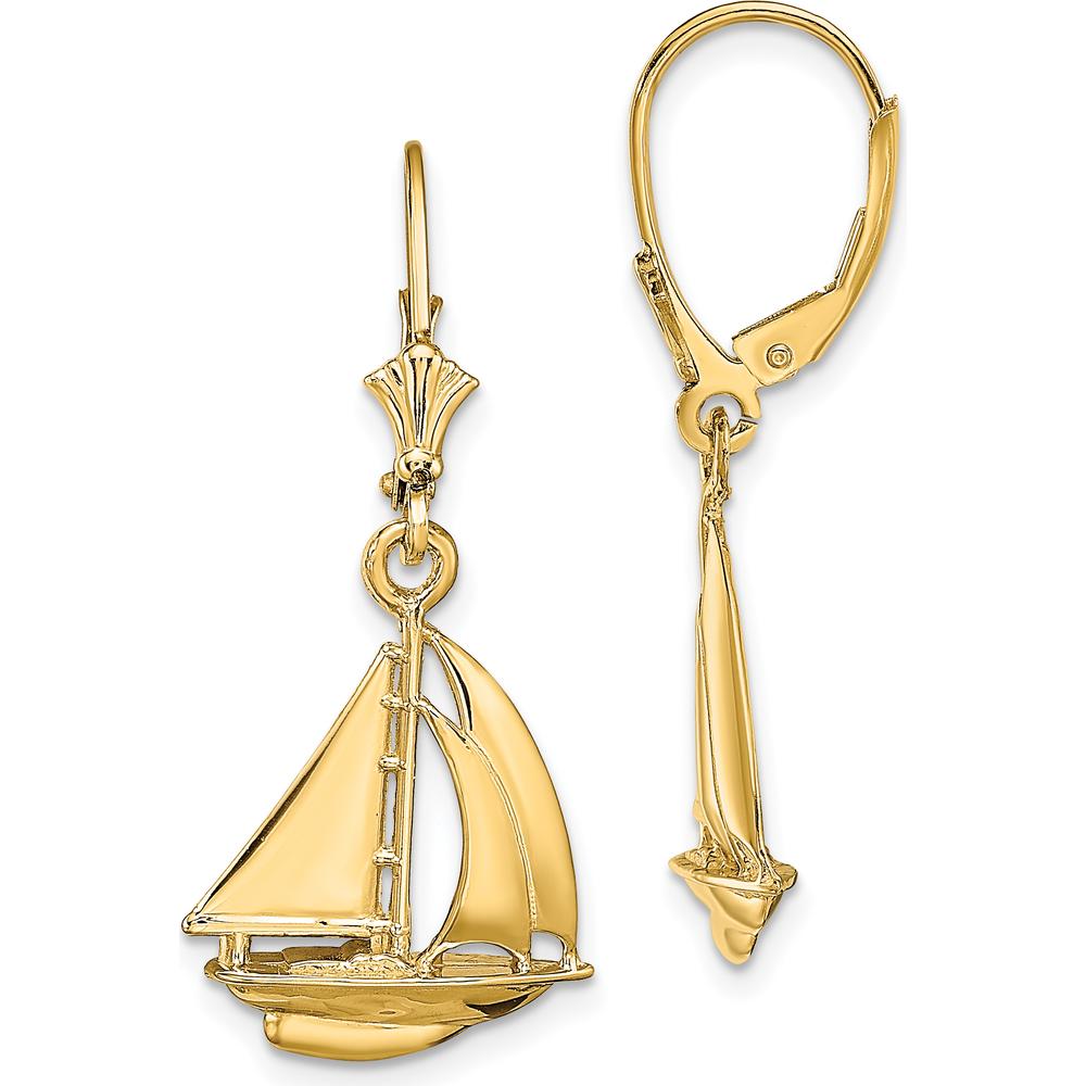 14K Yellow Gold 3D Polished Sailboat Leverback Drop Earrings by 0
