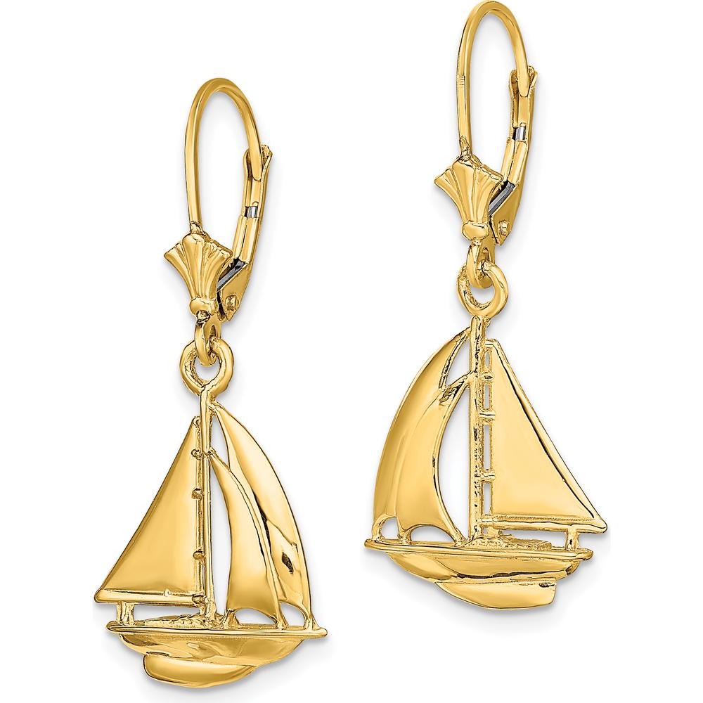 14K Yellow Gold 3D Polished Sailboat Leverback Drop Earrings by 0