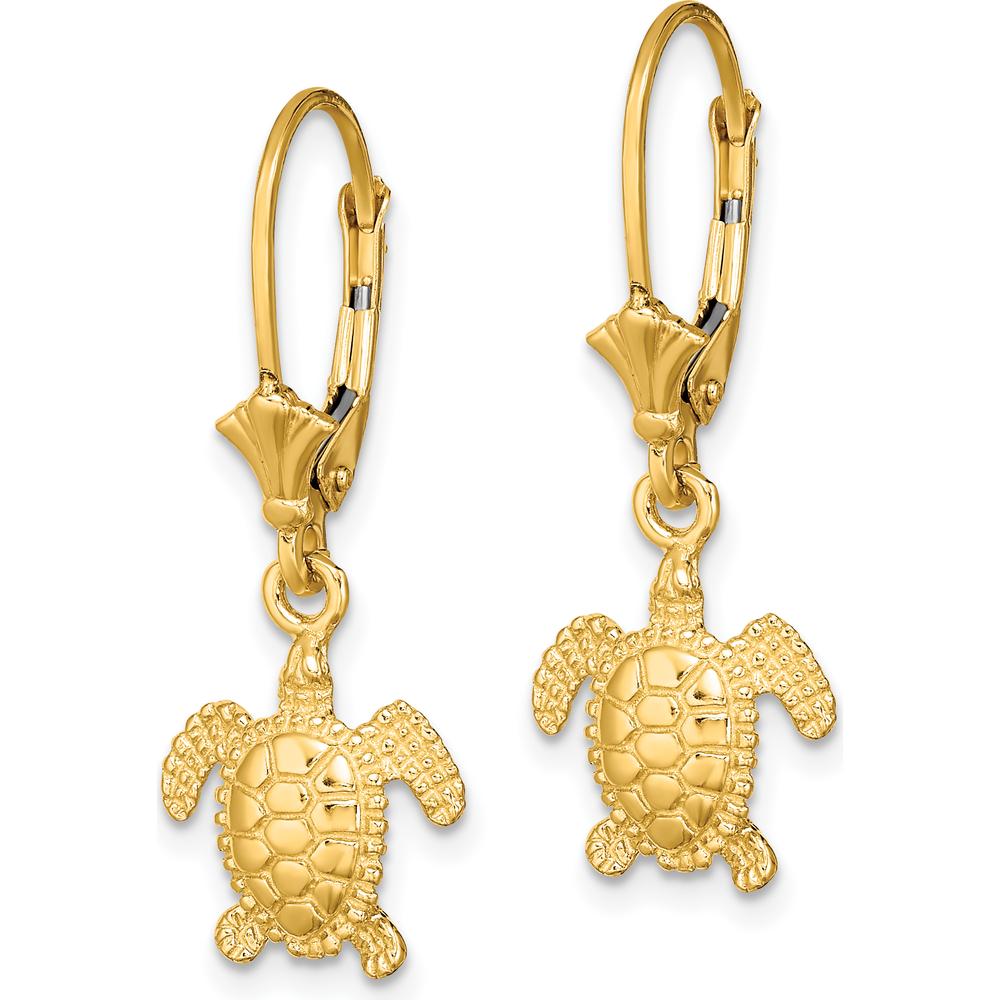 14K Yellow Gold 3D Polished Sea Turtle Leverback Earrings by 0