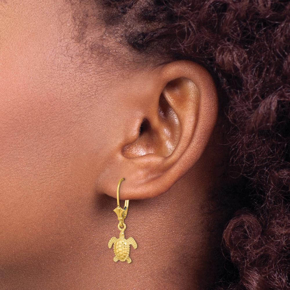 14K Yellow Gold 3D Polished Sea Turtle Leverback Earrings by 0
