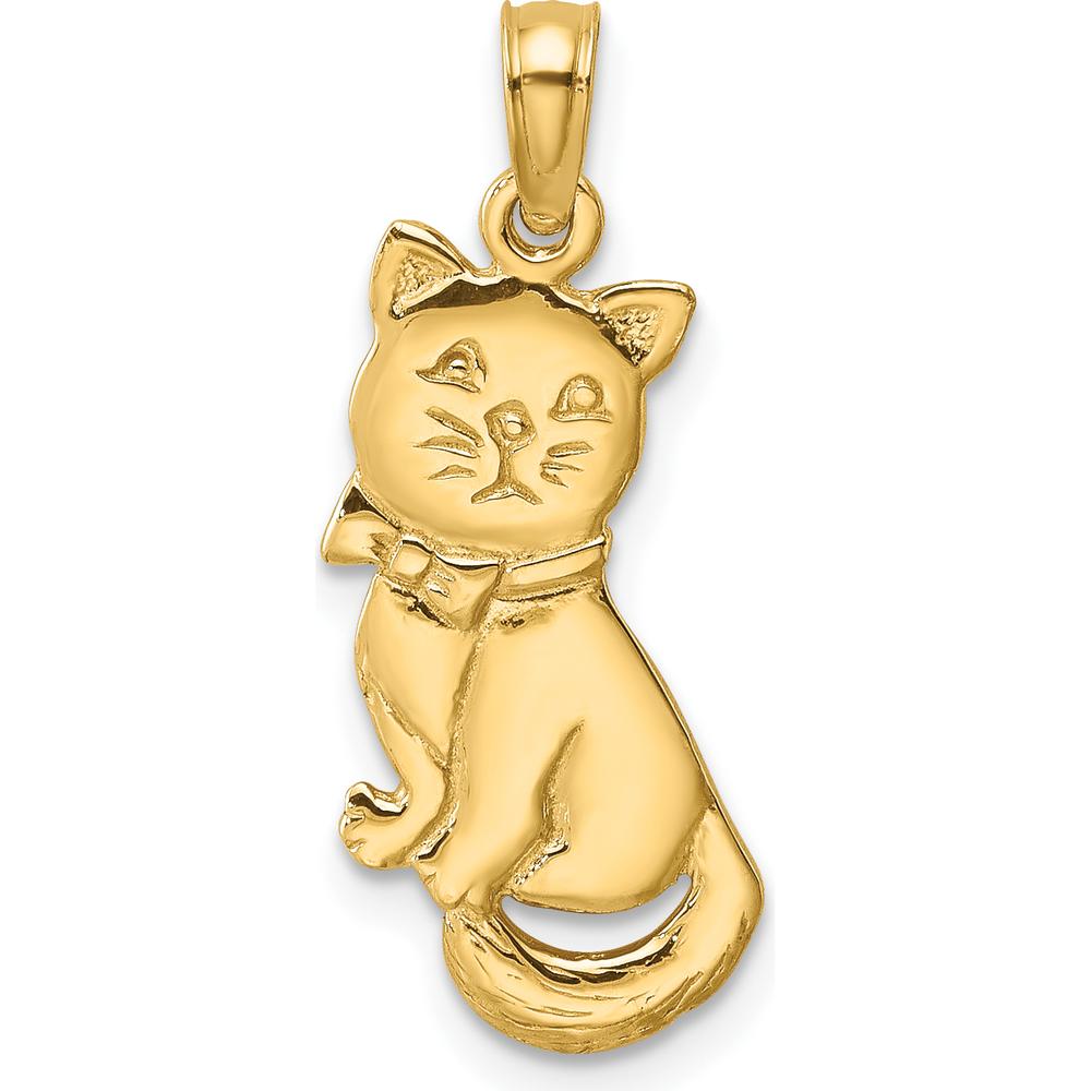 14K Yellow Gold 3D Polished Sitting Cat with Bow Pendant - 23mm Length by Oro Pregiato