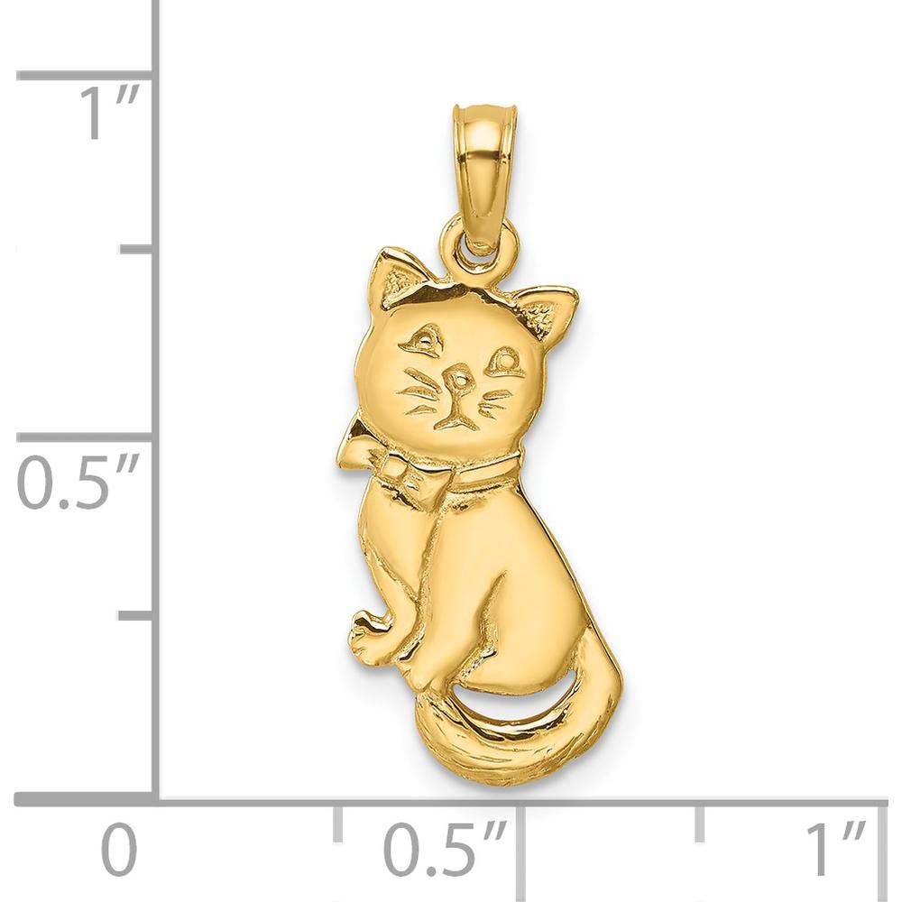 14K Yellow Gold 3D Polished Sitting Cat with Bow Pendant - 23mm Length by Oro Pregiato