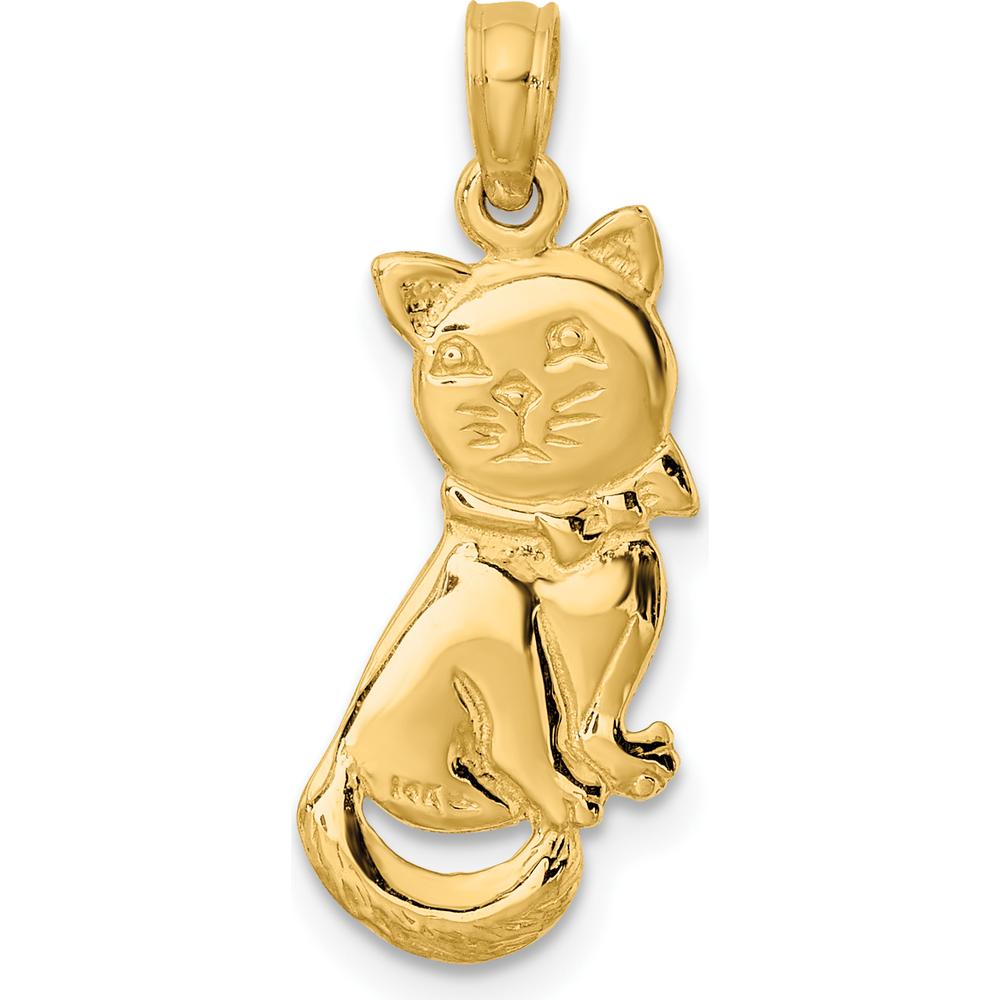 14K Yellow Gold 3D Polished Sitting Cat with Bow Pendant - 23mm Length by Oro Pregiato
