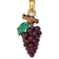 14K Yellow Gold 3D Purple and Green Enameled Grapes with Stem and Leaf Charm by Oro Pregiato