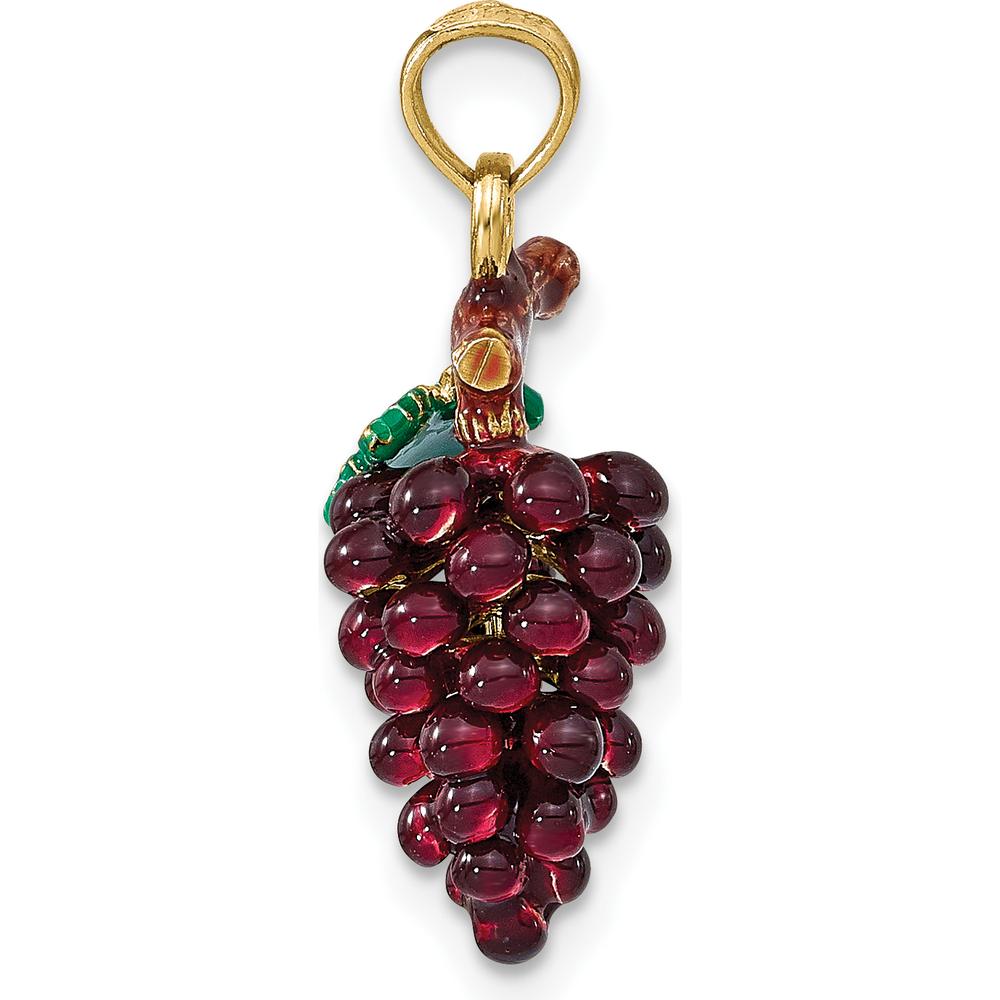 14K Yellow Gold 3D Purple and Green Enameled Grapes with Stem and Leaf Charm by Oro Pregiato