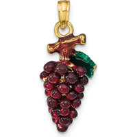 14K Yellow Gold 3D Purple and Green Enameled Grapes with Stem and Leaf Charm by Oro Pregiato
