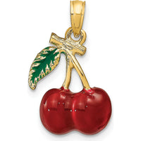 14K Yellow Gold 3D Red and Green Enamel Cherries with Leaf Charm Pendant by Oro Pregiato