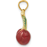 14K Yellow Gold 3D Red and Green Enamel Cherries with Leaf Charm Pendant by Oro Pregiato