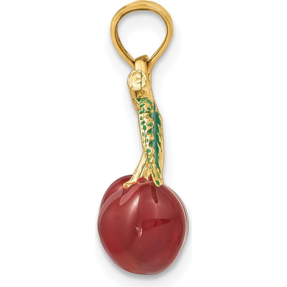 14K Yellow Gold 3D Red and Green Enamel Cherries with Leaf Charm Pendant by Oro Pregiato