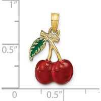 14K Yellow Gold 3D Red and Green Enamel Cherries with Leaf Charm Pendant by Oro Pregiato