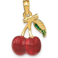 14K Yellow Gold 3D Red and Green Enamel Cherries with Leaf Charm Pendant by Oro Pregiato