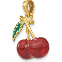 14K Yellow Gold 3D Red and Green Enamel Cherries with Leaf Charm Pendant by Oro Pregiato