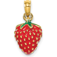 14K Yellow Gold 3D Red and Green Enameled Strawberry Charm - Fun and Playful Fruit Pendant by Oro Pregiato