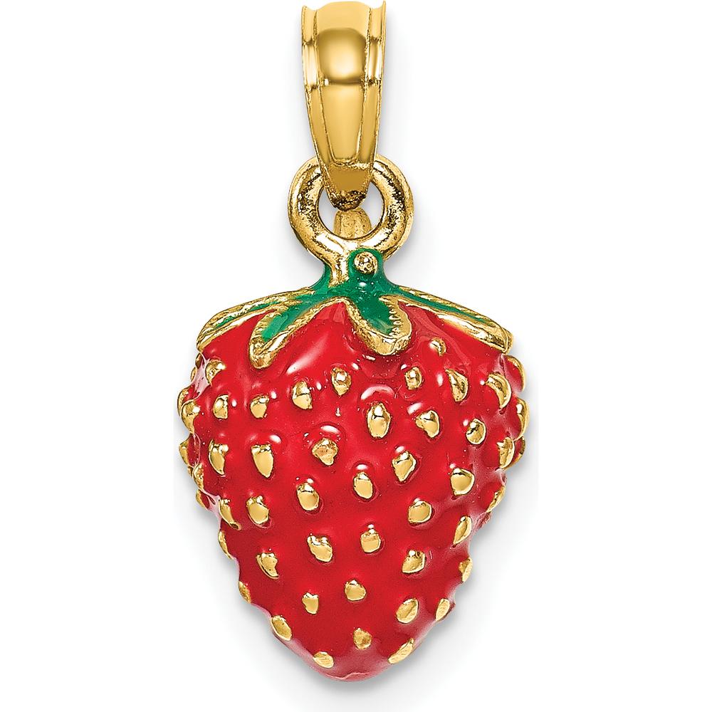 14K Yellow Gold 3D Red and Green Enameled Strawberry Charm - Fun and Playful Fruit Pendant by Oro Pregiato