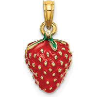 14K Yellow Gold 3D Red and Green Enameled Strawberry Charm - Fun and Playful Fruit Pendant by Oro Pregiato