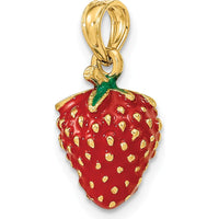 14K Yellow Gold 3D Red and Green Enameled Strawberry Charm - Fun and Playful Fruit Pendant by Oro Pregiato