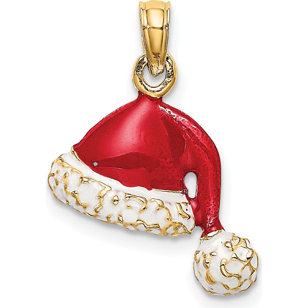 14K Yellow Gold 3D Red and White Enameled Santa Hat Charm - Holiday Pendant by Oro Pregiato