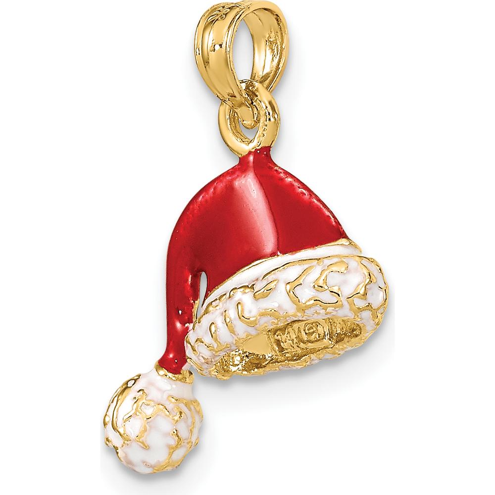 14K Yellow Gold 3D Red and White Enameled Santa Hat Charm - Holiday Pendant by Oro Pregiato