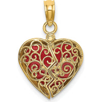 14K Yellow Gold 3D Reversible Filigree Heart Charm with Red Enamel Accents by Oro Pregiato