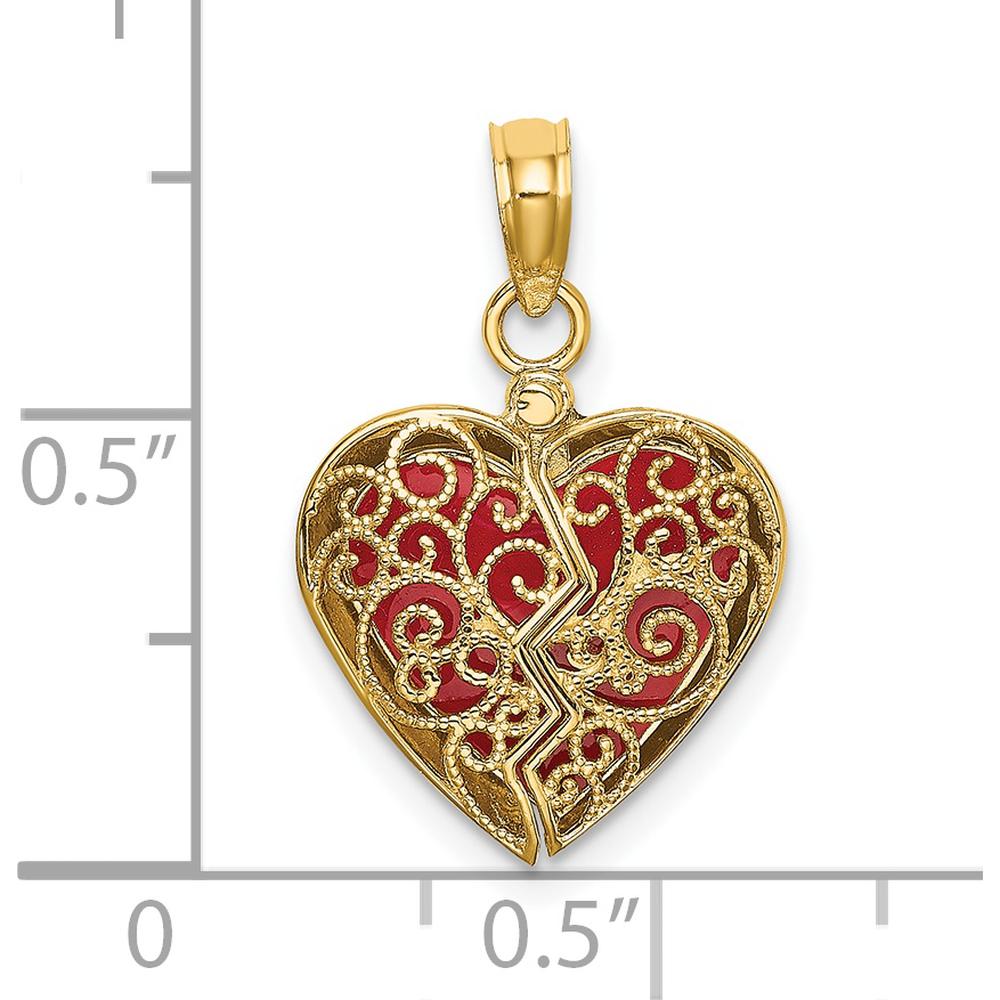 14K Yellow Gold 3D Reversible Filigree Heart Charm with Red Enamel Accents by Oro Pregiato