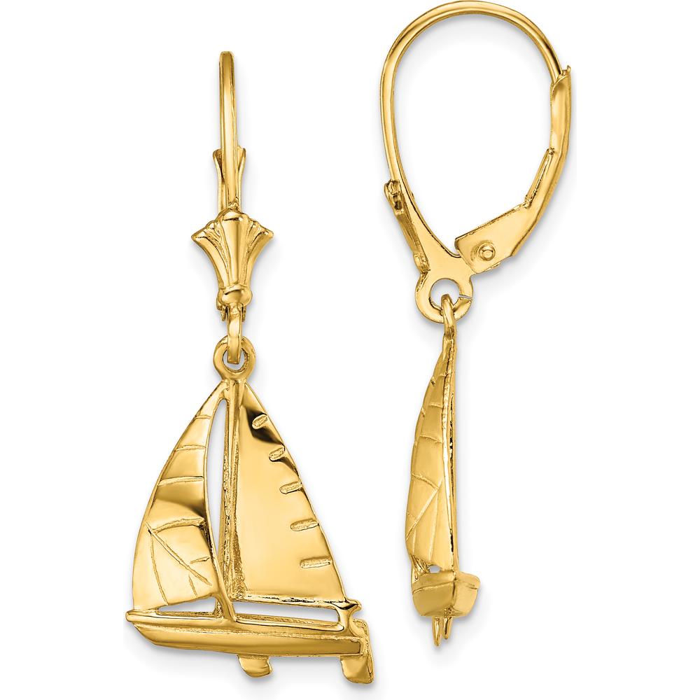 14K Yellow Gold 3D Sailboat Leverback Drop Earrings - Polished Nautical Motif by 0
