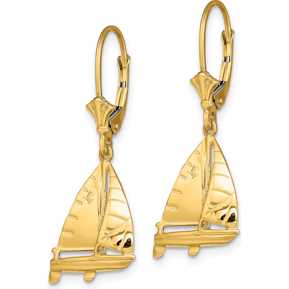 14K Yellow Gold 3D Sailboat Leverback Drop Earrings - Polished Nautical Motif by 0