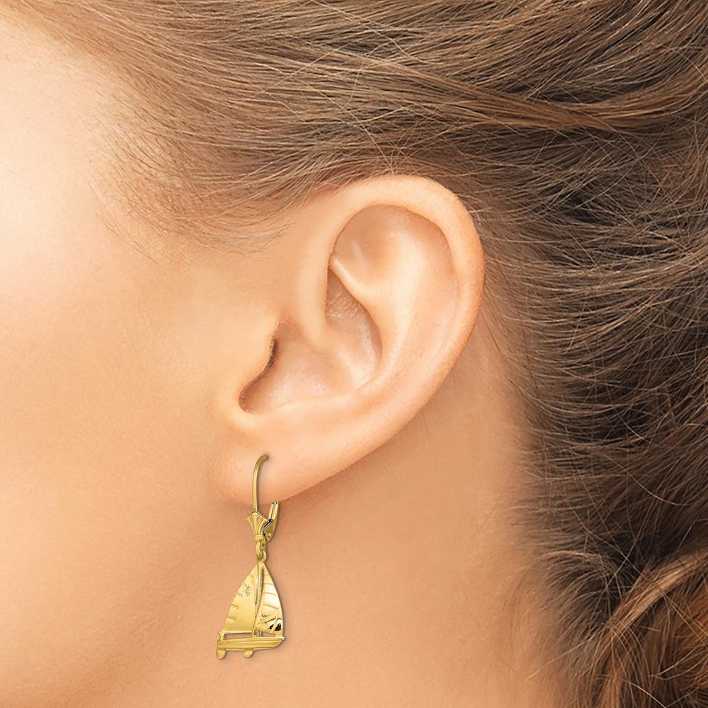 14K Yellow Gold 3D Sailboat Leverback Drop Earrings - Polished Nautical Motif by 0