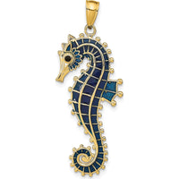 14K Yellow Gold 3D Seahorse Pendant with Blue Enamel Finish - 40mm Length by Oro Pregiato
