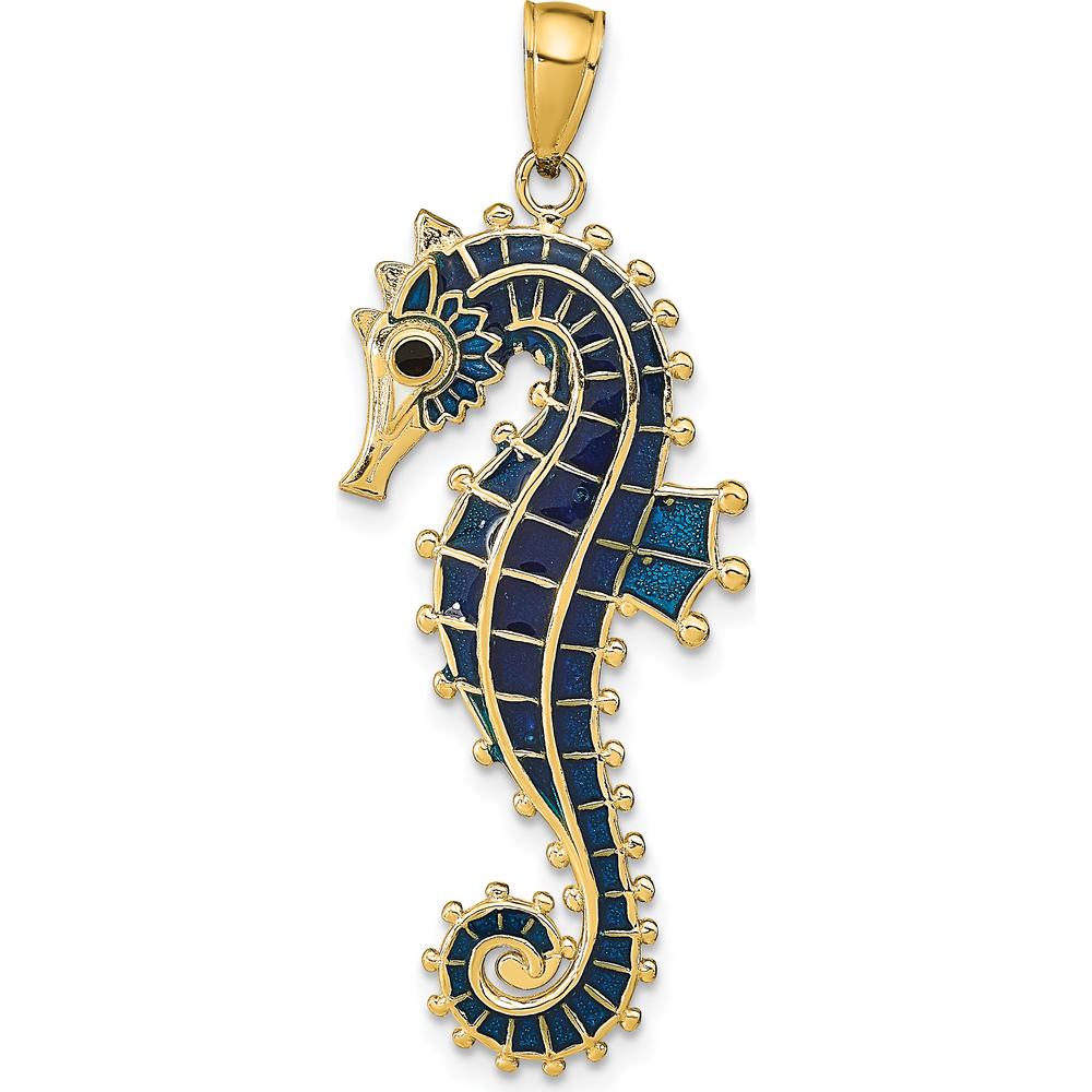 14K Yellow Gold 3D Seahorse Pendant with Blue Enamel Finish - 40mm Length by Oro Pregiato