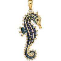 14K Yellow Gold 3D Seahorse Pendant with Blue Enamel Finish - 40mm Length by Oro Pregiato