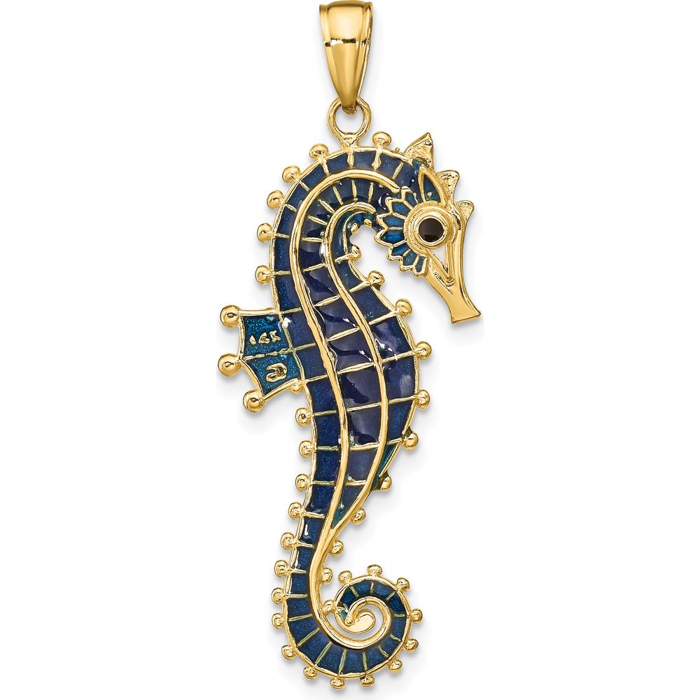 14K Yellow Gold 3D Seahorse Pendant with Blue Enamel Finish - 40mm Length by Oro Pregiato