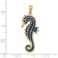 14K Yellow Gold 3D Seahorse Pendant with Blue Enamel Finish - 40mm Length by Oro Pregiato