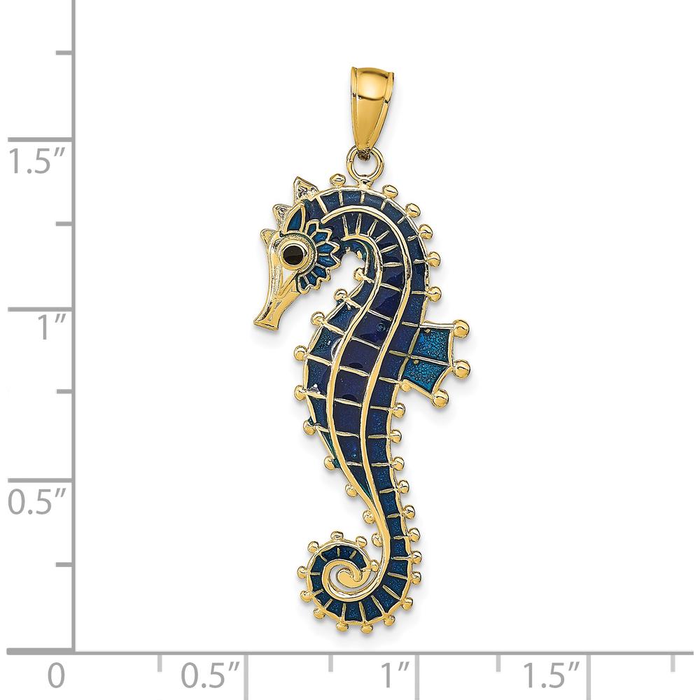14K Yellow Gold 3D Seahorse Pendant with Blue Enamel Finish - 40mm Length by Oro Pregiato
