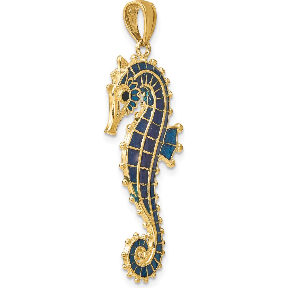 14K Yellow Gold 3D Seahorse Pendant with Blue Enamel Finish - 40mm Length by Oro Pregiato