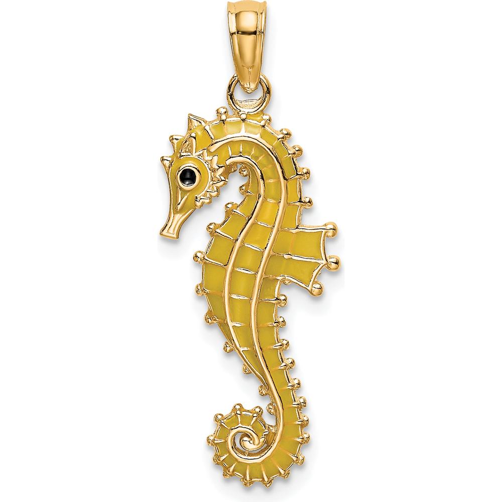 14K Yellow Gold 3D Seahorse Pendant with Yellow Enamel and Black Accents by Oro Pregiato